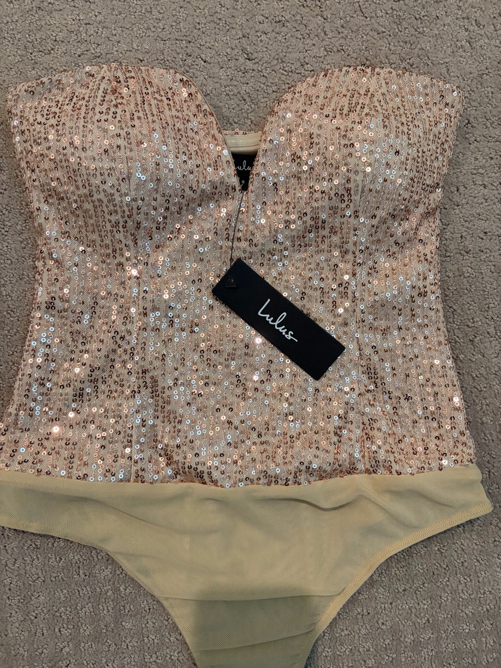 Lulu's Sequin Strapless Bodysuit in Champagne Gold